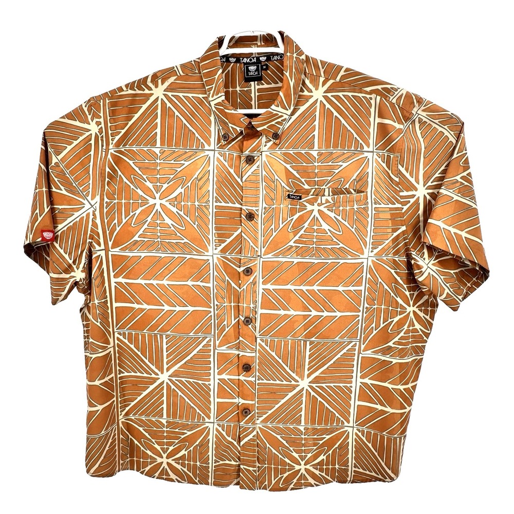 Tanoa Samoa Men's Orange Tribal Polynesian Print Button Down Shirt 3XL Tropical